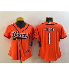 Women Chicago Bears 1 Justin Fields Orange With Patch Cool Base Stitched Baseball Jersey