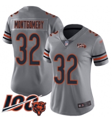 Women Chicago Bears 32 David Montgomery Limited Silver Inverted Legend 100th Season Football Jersey