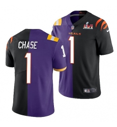 Men Cincinnati Bengals 1 Ja 27Marr Chase 2022 Purple Black Split Super Bowl LVI Stitched Jerse