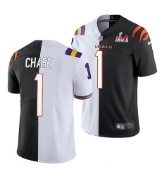Men Cincinnati Bengals 1 Ja 27Marr Chase 2022 White Black Split Super Bowl LVI Stitched Jerse