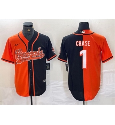 Men Cincinnati Bengals 1 Ja 27Marr Chase Black Orange Split With Patch Cool Base Stitched Baseball Jersey