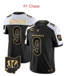 Men Cincinnati Bengals 1 Ja'Marr Chase Black 2023 F U S E With 4 Star C Patch Gold Vapor Untouchable Limited Stitched Jersey