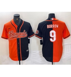 Men Cincinnati Bengals 9 Joe Burrow Black Orange Split With Patch Cool Base Stitched Baseball Jersey