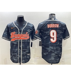 Men Cincinnati Bengals 9 Joe Burrow Grey Camo With Patch Cool Base Stitched Baseball Jersey