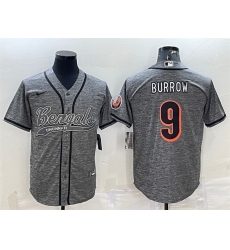 Men Cincinnati Bengals 9 Joe Burrow Grey With Patch Cool Base Stitched Baseball Jersey