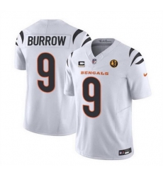 Men Cincinnati Bengals 9 Joe Burrow White 2023 F U S E  With 4 Star C Patch And John Madden Patch Vapor Limited Stitched Football Jersey