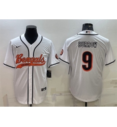 Men Cincinnati Bengals 9 Joe Burrow White With Patch Cool Base Stitched Baseball Jersey