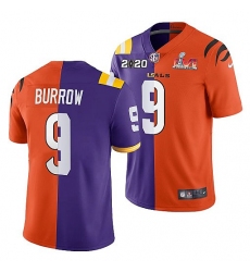 Men Cincinnati Bengals X LSU Tigers 9 Joe Burrow 2022 Purple Orange Split Super Bowl LVI Stitched Jerse
