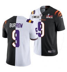 Men Cincinnati Bengals X LSU Tigers 9 Joe Burrow 2022 White Black Split Super Bowl LVI Stitched Jerse