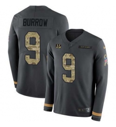 Nike Bengals 9 Joe Burrow Anthracite Salute to Service Men Stitched NFL Limited Therma Long Sleeve Jersey