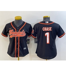 Women Cincinnati Bengals 1 Ja 27Marr Chase Black With Patch Cool Base Stitched Baseball Jersey