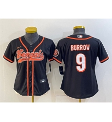 Women Cincinnati Bengals 9 Joe Burrow Black With Patch Cool Base Stitched Baseball Jersey