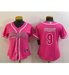 Women Cincinnati Bengals 9 Joe Burrow Pink With Patch Cool Base Stitched Baseball Jersey