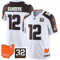 Men Cleveland Browns 12 Shedeur Sanders White Brown 2025 Draft F U S E  With Jim Brown Memorial  26 Home Patch Vapor Limited Stitched Football Jersey