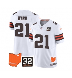 Men Cleveland Browns 21 Denzel Ward White 2023 F U S E  With Jim Brown Memorial Patch Vapor Untouchable Limited Stitched Jersey