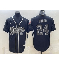 Men Cleveland Browns 24 Nick Chubb Black Reflective With Patch Cool Base Stitched Baseball Jersey