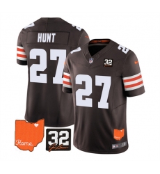Men Cleveland Browns 27 Kareem Hunt Brown 2023 F U S E  With Jim Brown Memorial Patch Vapor Untouchable Limited Stitched Jersey