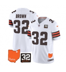 Men Cleveland Browns 32 Jim Brown White 2023 F U S E  With Jim Brown Memorial Patch Vapor Untouchable Limited Stitched Jersey
