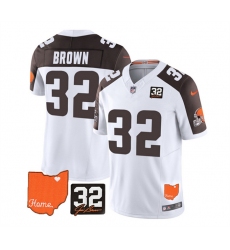 Men Cleveland Browns 32 Jim Brown White Brown 2023 F U S E  With Jim Brown Memorial Patch Vapor Untouchable Limited Stitched Jersey