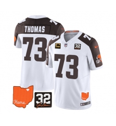 Men Cleveland Browns 73 Joe Thomas White Brown 2023 F U S E  With Jim Brown Memorial Patch And 4 Star C Patch Vapor Untouchable Limited Stitched Jersey