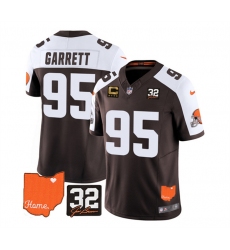 Men Cleveland Browns 95 Myles Garrett Brown White 2023 F U S E  With Jim Brown Memorial Patch And 4 Star C Patch Vapor Untouchable Limited Stitched Jersey