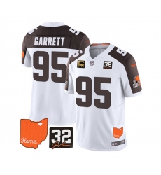 Men Cleveland Browns 95 Myles Garrett White Brown 2023 F U S E  With Jim Brown Memorial Patch And 4 Star C Patch Vapor Untouchable Limited Stitched Jersey