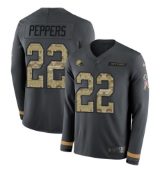 Nike Browns 22 Jabrill Peppers Anthracite Salute to Service Men s Stitched NFL Limited Therma Long Sleeve Jersey