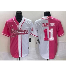 Men Dallas Cowboys 11 Micah Parsons Pink White Split Cool Base Stitched Baseball Jersey
