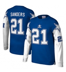 Men Dallas Cowboys 21 Deion Sanders Royal Mitchell  26 Ness Throwback Long Sleeve Stitched Jersey