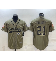 Men Dallas Cowboys 21 Ezekiel Elliott 2022 Olive Salute To Service Cool Base Stitched Baseball Jersey