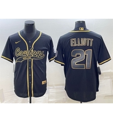 Men Dallas Cowboys 21 Ezekiel Elliott Black Gold With Patch Cool Base Stitched Baseball Jersey