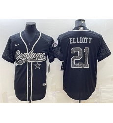 Men Dallas Cowboys 21 Ezekiel Elliott Black Reflective With Patch Cool Base Stitched Baseball Jersey