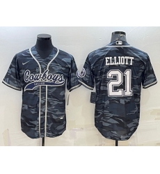Men Dallas Cowboys 21 Ezekiel Elliott Grey Camo With Patch Cool Base Stitched Baseball Jersey