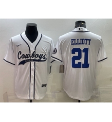 Men Dallas Cowboys 21 Ezekiel Elliott White With Patch Cool Base Stitched Baseball Jersey