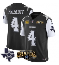 Men Dallas Cowboys 4 Dak Prescott Black White 2023 F U S E  NFC East Champions With 4 Star C Ptach Stitched Football Jersey