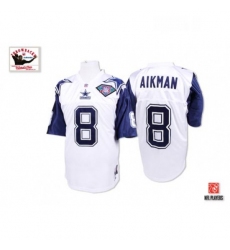 Mens Mitchell and Ness Dallas Cowboys 8 Troy Aikman Authentic White 75TH Patch Throwback NFL Jersey