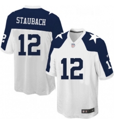 Mens Nike Dallas Cowboys 12 Roger Staubach Game White Throwback Alternate NFL Jersey