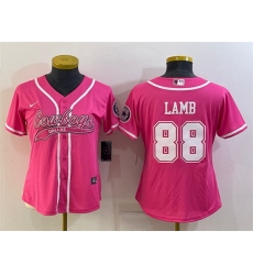 Women Dallas Cowboys 88 CeeDee Lamb Pink With Patch Cool Base Stitched Baseball Jersey