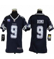 Nike Cowboys #9 Tony Romo Navy Blue Team Color With C Patch Youth Stitched NFL Elite Jersey