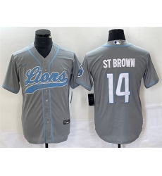 Men Detroit Lions 14 Amon Ra St  Brown Gray Cool Base Stitched Baseball Jersey