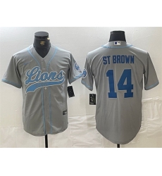 Men Detroit Lions 14 Amon Ra St  Brown Grey Cool Base Stitched Baseball Jersey