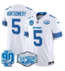 Men Detroit Lions 5 David Montgomery White 2024 NFC North Champions 90th Anniversary Patch F U S E  Vapor Limited Stitched Jersey