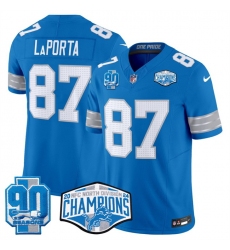 Men Detroit Lions 87 Sam LaPorta Blue 2024 NFC North Champions 90th Anniversary Patch F U S E  Vapor Limited Stitched Jersey