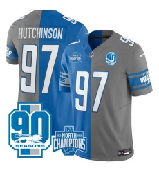 Men Detroit Lions 97 Aidan Hutchinson Blue Grey Split 2023 F U S E  90th Anniversary NFC North Division Champions Vapor Untouchable Limited Stitched Jersey