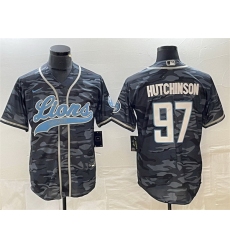 Men Detroit Lions 97 Aidan Hutchinson Grey Camo Cool Base Stitched Baseball Jersey