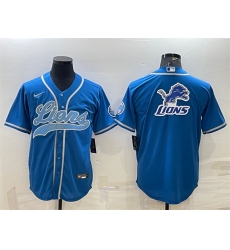 Men Detroit Lions Blue Team Big Logo With Patch Cool Base Stitched Baseball Jersey