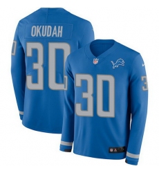Nike Lions 30 Jeff Okudah Blue Team Color Men Stitched NFL Limited Therma Long Sleeve Jersey