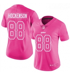 Lions #88 T J  Hockenson Pink Women Stitched Football Limited Rush Fashion Jersey