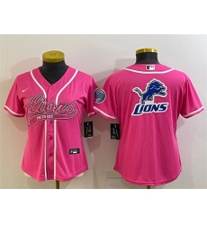 Women Detroit Lions Pink Team Big Logo With Patch Cool Base Stitched Baseball Jersey