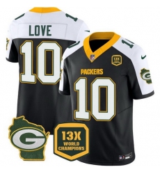 Men Green Bay Packers 10 Jordan Love Black White 2023 F U S E  Home Patch 13 Time World Champions Vapor Untouchable Limited Stitched Jersey